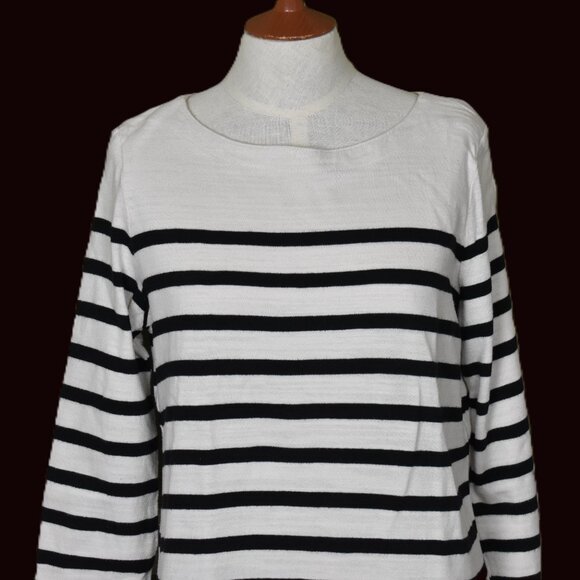 LOFT Pullover Top M Long Sleeve Black White Stripe Crew Neck - Picture 2 of 5